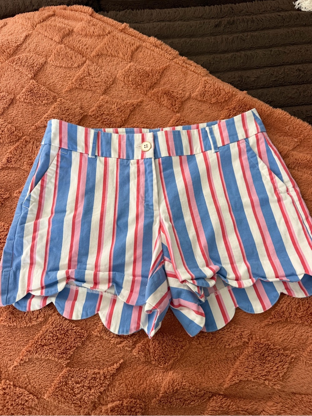 crown & ivy Striped Scallop Hem High-Waist Shorts - Blue, Pink & White